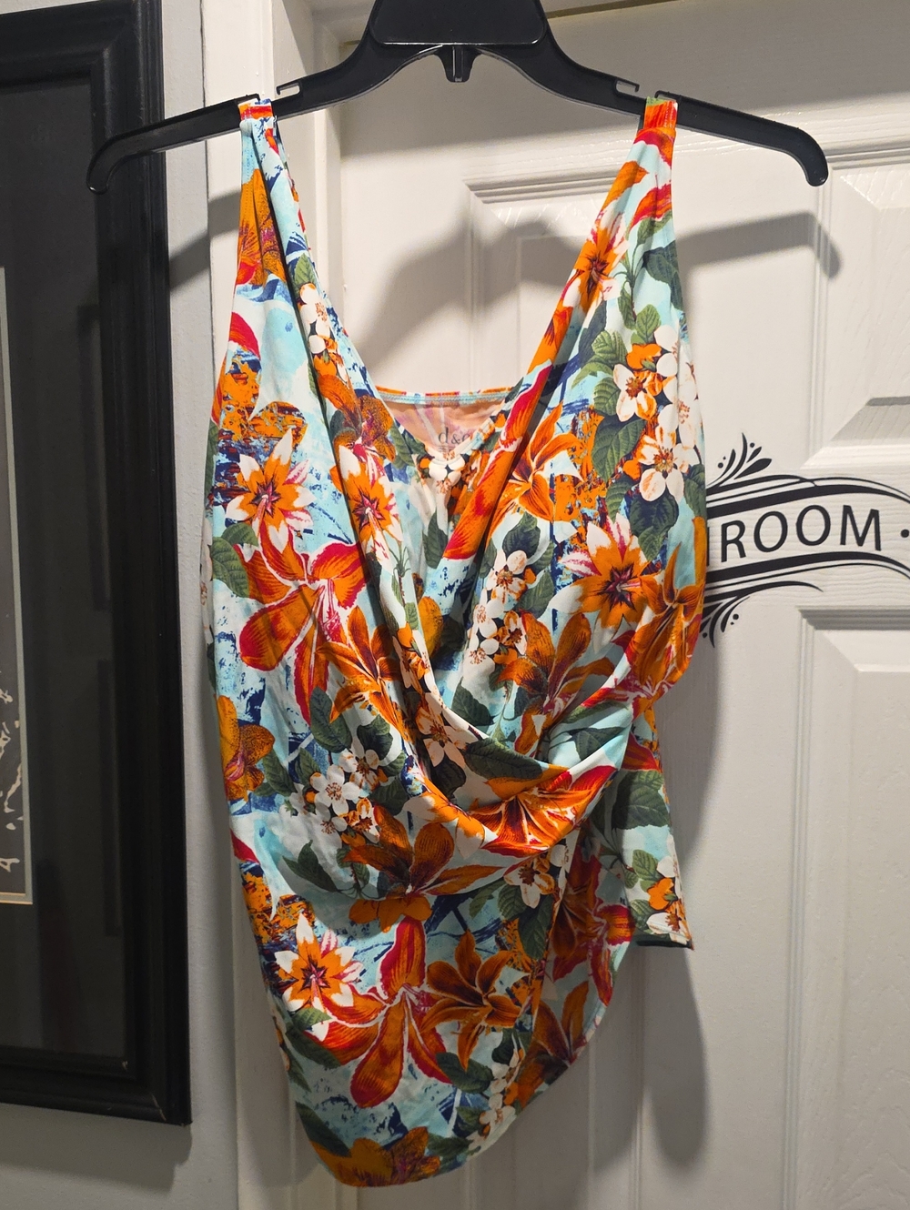 Floral Draped V Neck Swim Top - Turquoise & Orange